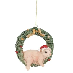 New Anhänger Tier In Kranz, Schwein, 8.5 X 9.5 Cm Figuren|Weihnachtsbaumschmuck